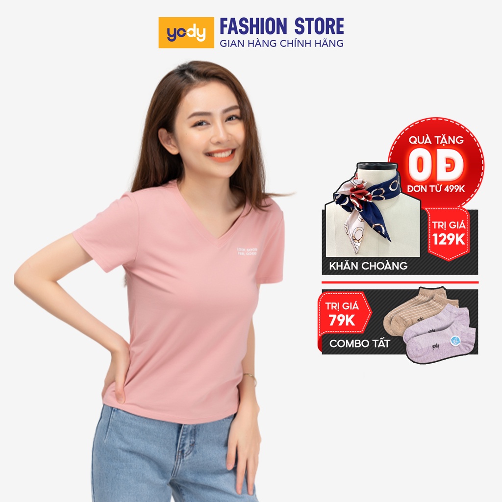 Áo phông nữ YODY cổ tim form rộng vải cotton thoáng mát PPN4138