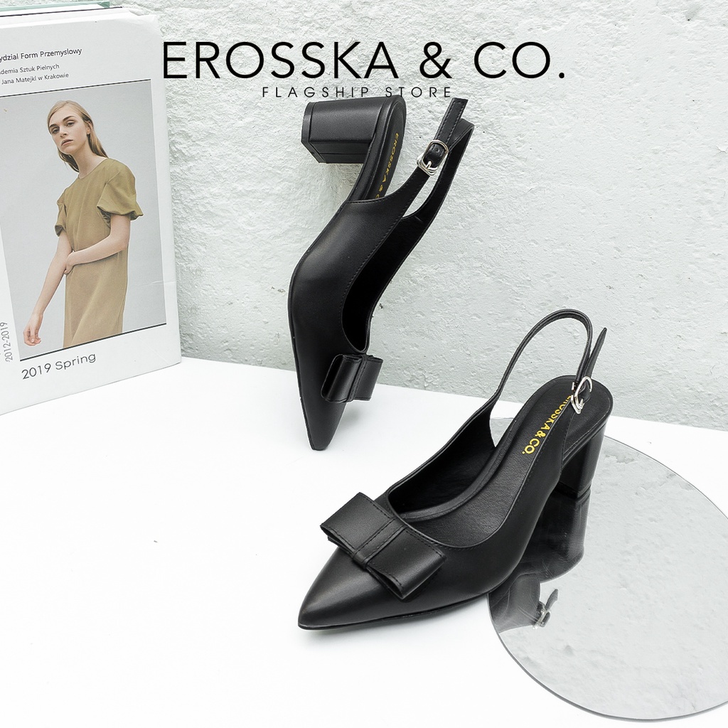 Giày cao gót Erosska 2022 mũi nhọn phối quai đính nơ cao 6,5cm màu nude - EH034