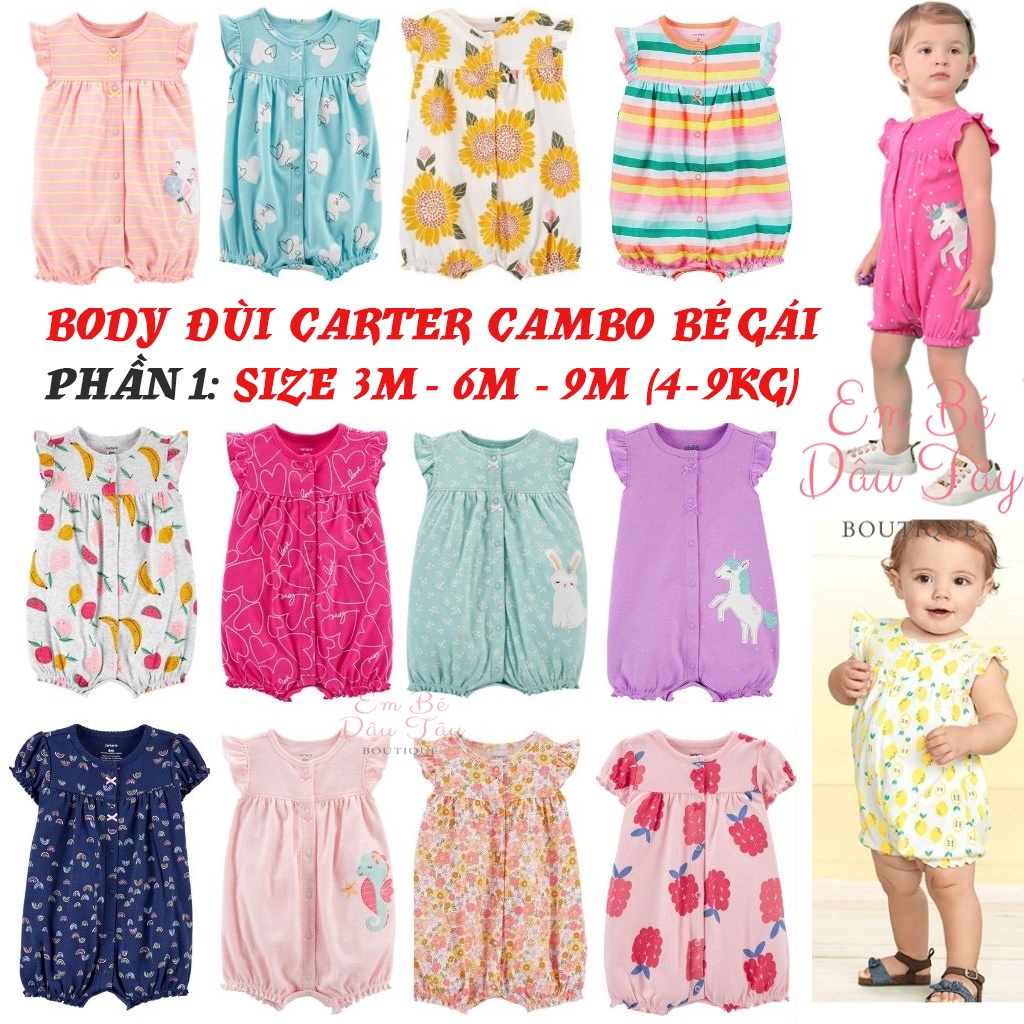 Body đùi bé gái 0-9M (4-9kg) thun cotton 100%, họa tiết đáng yêu. Áo liền thân Romper CA bé gái sơ sinh CAMBO dư xịn