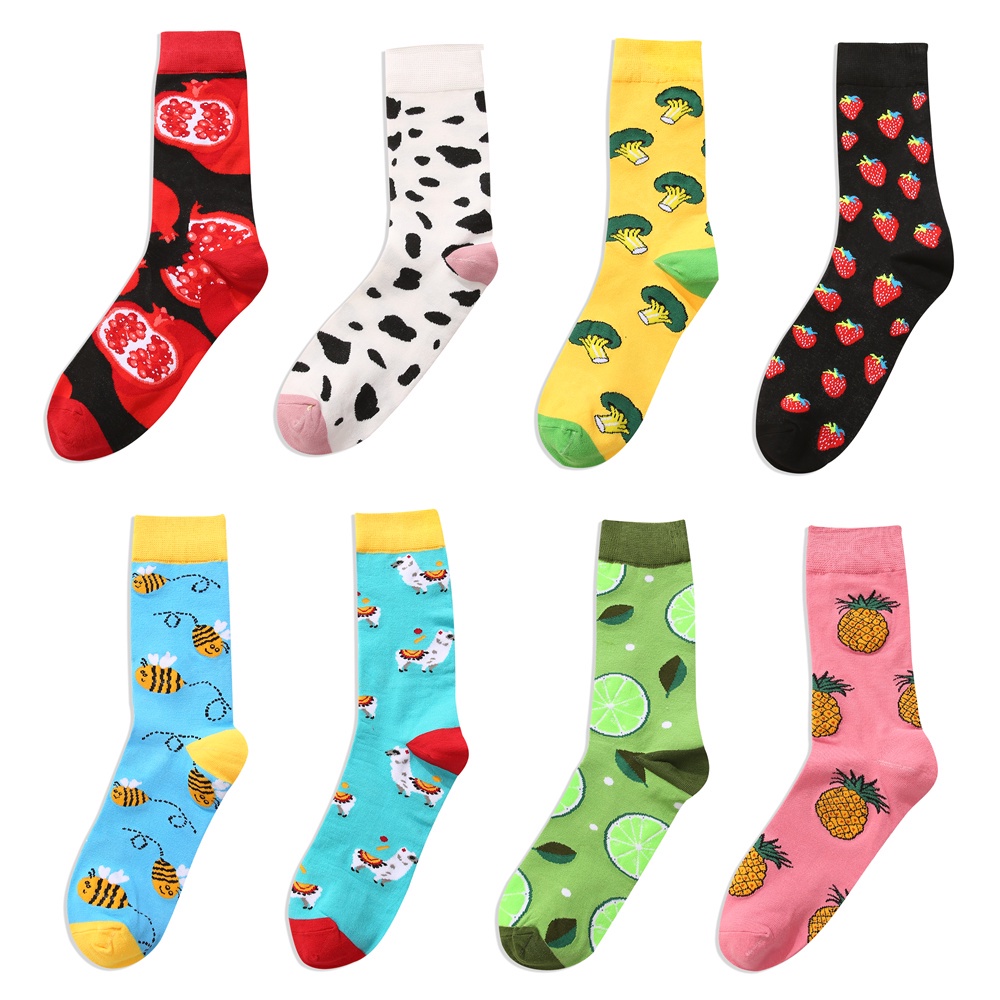 Bộ 2 Đôi Tất Dài Trung Bình Co Giãn In Hình Trái Cây Động Vật Nhiều Màu Sắc Cho Nữ