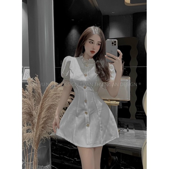 Đầm thời trang nữ mặc đi chơi chất cotton lạnh cổ ren tay búp có đính nút ở giữa váy