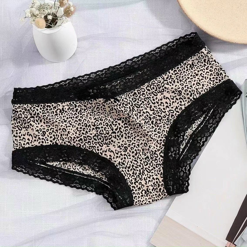 Quần lót nữ thun lạnh phối ren , quần lót họa tiết da báo co giãn tốt mông dưới 94cm kge