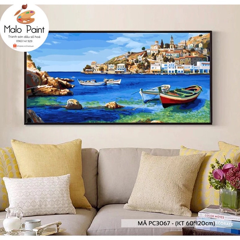 Tranh sơn dầu số hoá tự tô màu Tranh phong cảnh ven biển khổ lớn 60x120cm chưa căng khung