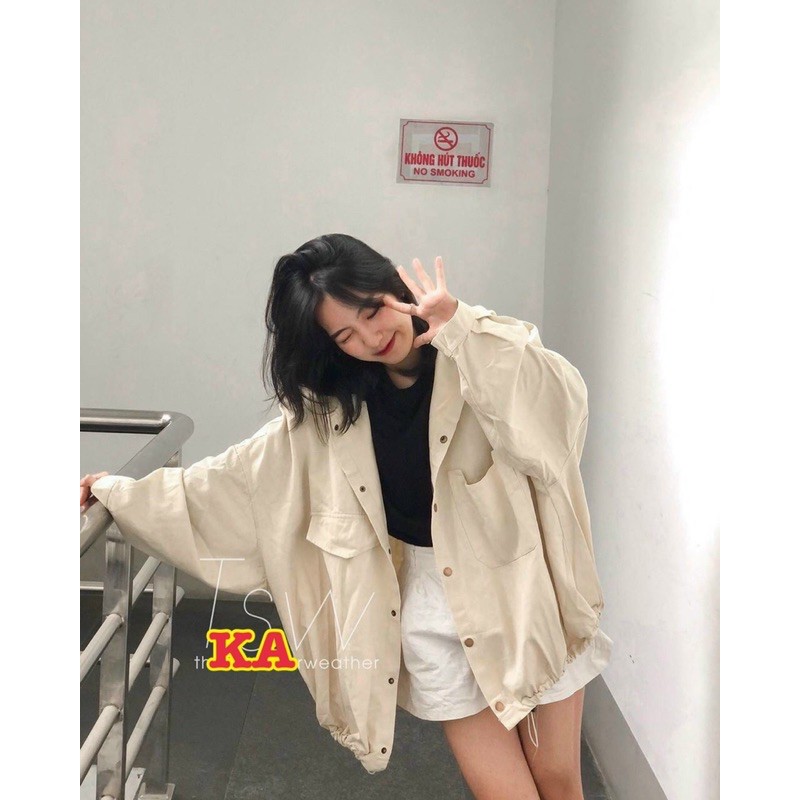 Áo khoác kaki nút bấm style ulzzang, form siêu to khổng lồ