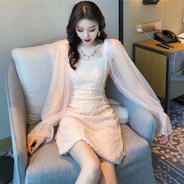 Đầm Tay Phồng Phối Lưới Đính Ngọc Sang Chảnh