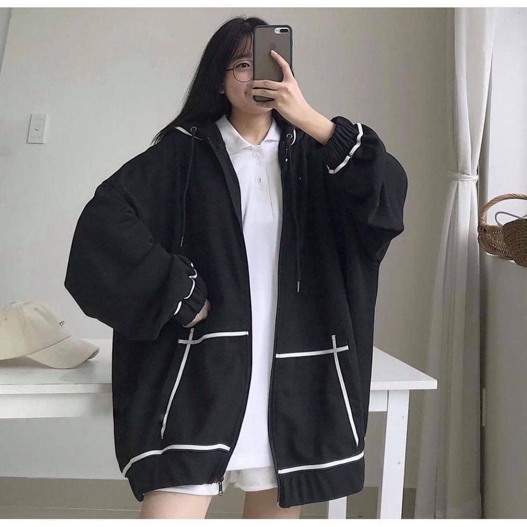 Áo Khoác Hoodie Zipper Kẻ Viền Túi Nữ - Áo nỉ dài tay form rộng dáng suông, thiết kế chạy viền