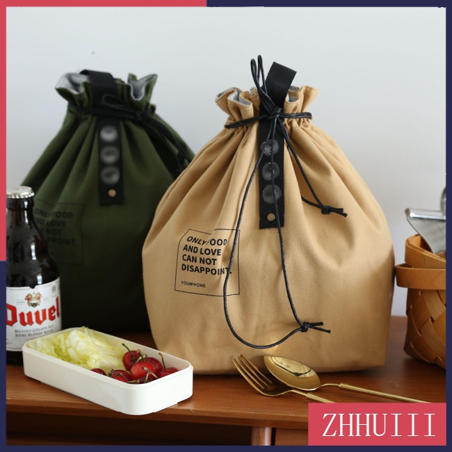 Túi đựng hộp cơm trưa vải canvas cách nhiệt chống thấm nước có dây rút phong cách Nhật Bản thời trang