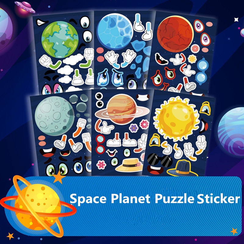 12 Cái / lốc Space Planet Make Your Own Face DIY Puzzle Sticker Kids Sticker Toy