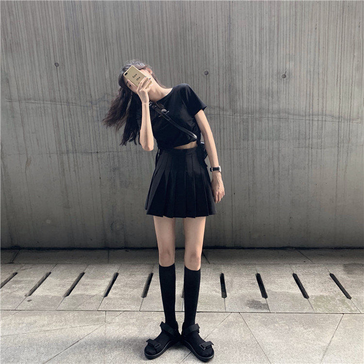 Váy ngắn xếp ly dáng chữ A kaki cạp cao màu xám / đen phong cách mùa hè thích hợp mặc đi học dành cho nữ