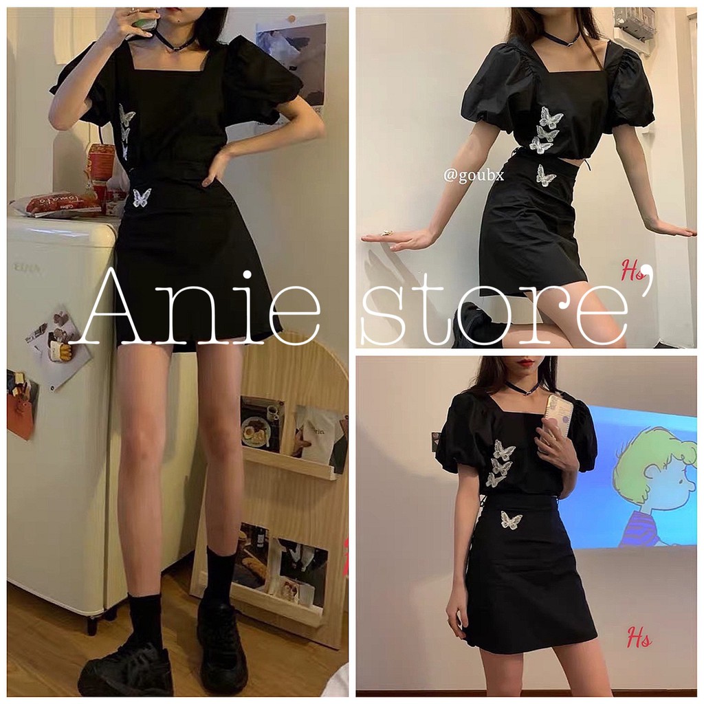 [ Mã FAMAYWA2 giảm 10K đơn 50K] Bộ Chân Váy Nữ Áo Cổ Vuông In Bướm 🦋FREESHIP🦋 Set Áo Váy Nữ Ngắn Màu Đen