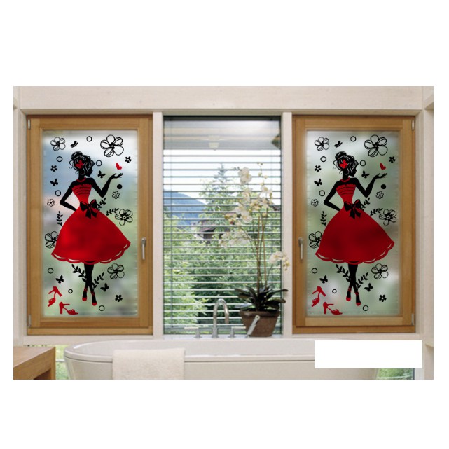Decal Dán Kính Cao Cấp - Cô Gái Đầm Đỏ ( 60x116cm )