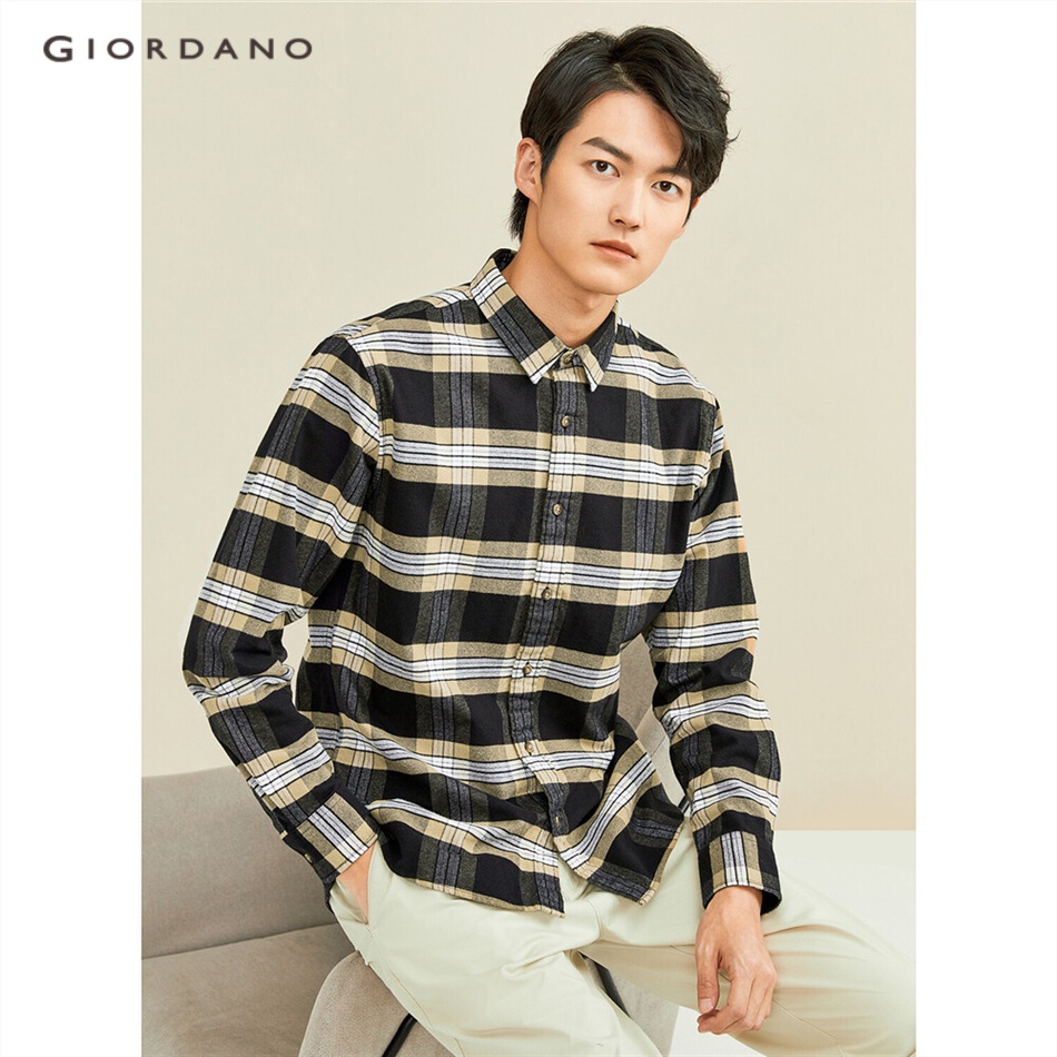 Áo sơ mi GIORDANO 01041870 tay dài chất vải flannel dày dặn kẻ caro phong cách thu đông giản dị cho nam
