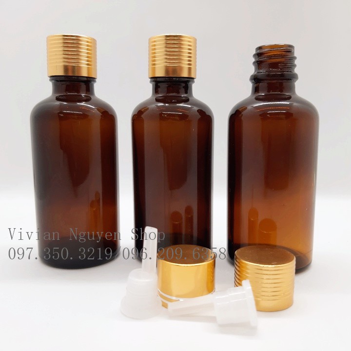 {Sỉ từ 5k} Chai lọ đựng tinh dầu 50ml nhỏ giọt, thân thuỷ tinh nâu, nắp nhôm vàng