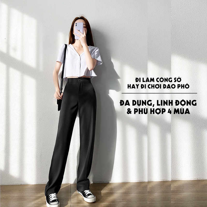 Quần ống rộng jisilk nữ lưng cao xuông dài bigsize khóa trước vải tuyết mưa học sinh đi học công sở Love-ya T.QDA-02