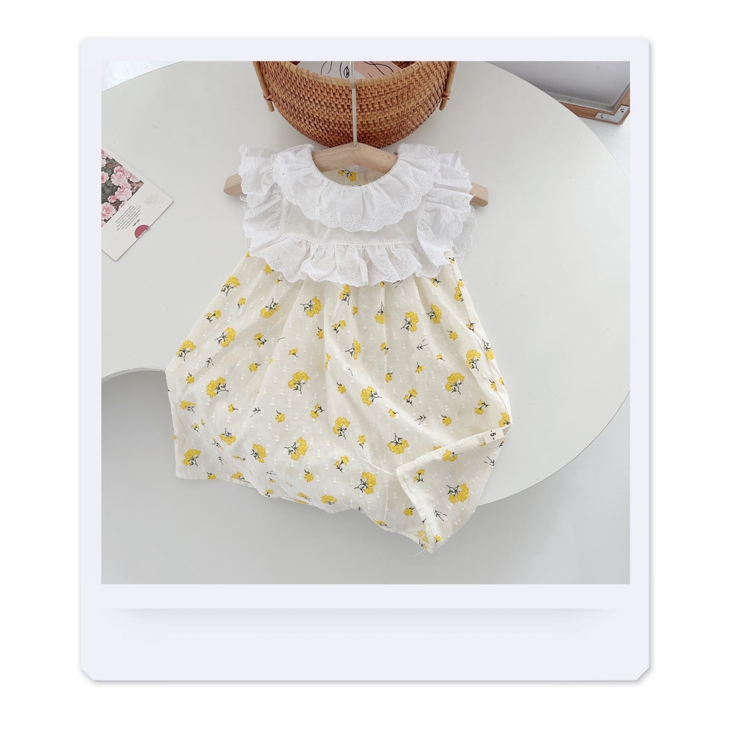 Váy hè hoa cổ 2 tâng phối ren cho bé gái 8-20kg- Chất thô nảy hạt mát
