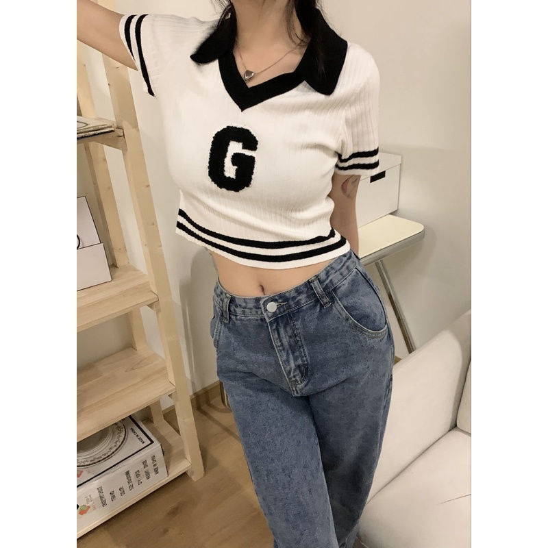 Áo Thun Dệt Kim Cổ POLO Tay Ngắn Dáng Ôm Thời Trang Mùa Hè Hàng Mới Phong Cách Preppy 2022 Dành Cho Bạn Nữ