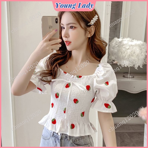 Áo trễ vai tay ngắn dúm ngực thời trang mùa hè cho nữ
