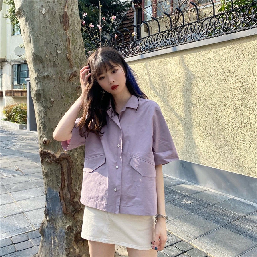 Áo Sơ Mi Nữ Tay Ngắn Màu Tím Thời Trang Hàn Quốc