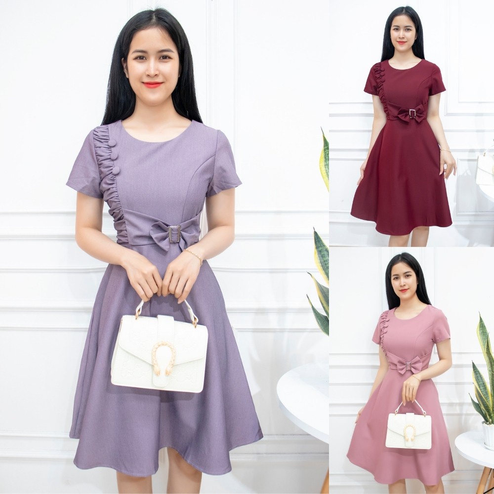 Váy trung niên sang trọng cho mẹ bigsize AMYRA, thiết kế dáng xòe đẹp cao cấp dự tiệc công sở sang trọng xếp ly DA100