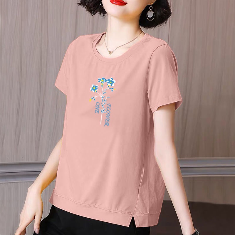 Áo thun tay ngắn cổ tròn dáng rộng in họa tiết thời trang cho phụ nữ trung niên