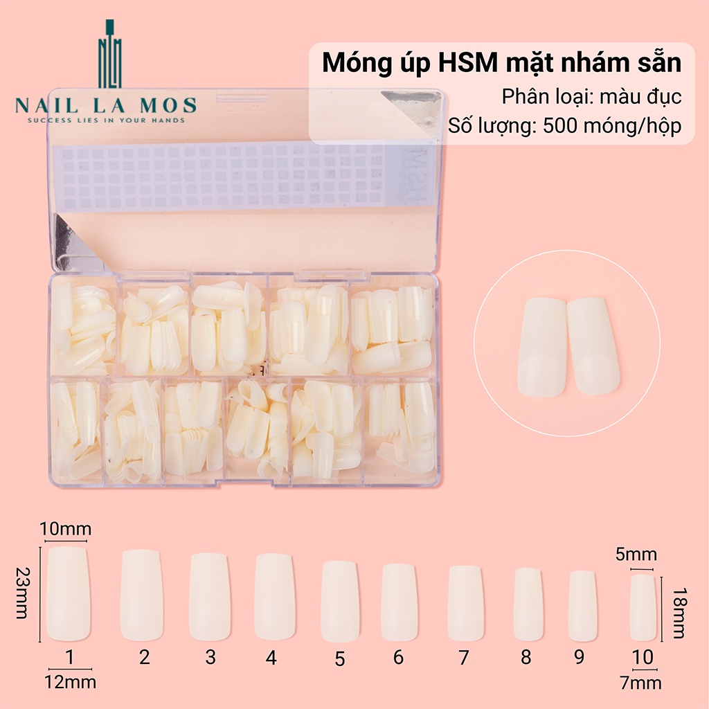 Móng úp HSM chính hãng loại mặt nhám sẵn - hộp 500 móng đủ size phom vuông chuẩn đẹp không cần dũa