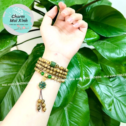 Chuỗi Trầm Hương Tốc lào 108 hạt phối Lu và Hồ Điệp, Cỏ 4 Lá Ngo.c Bích bọc Bạc 925 - Vòng Tay Gỗ tự nhiên Nữ phong thuỷ