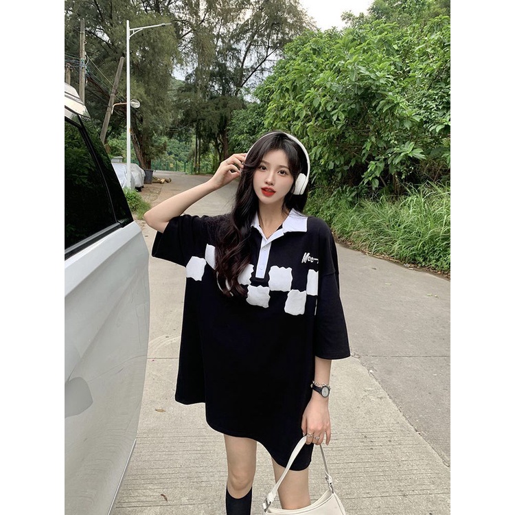 Jiashucheng Áo Thun Nữ Tay Ngắn Dáng Dài Rộng Họa Tiết Caro Màu Sắc Tương Phản Thời Trang Mùa Hè