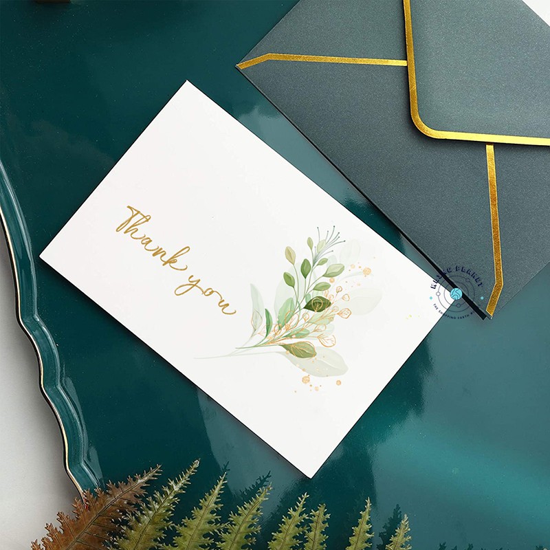 Thiệp Thank You trắng phong bì xanh viền gold 16x11cm xinh đẹp, sang trọng