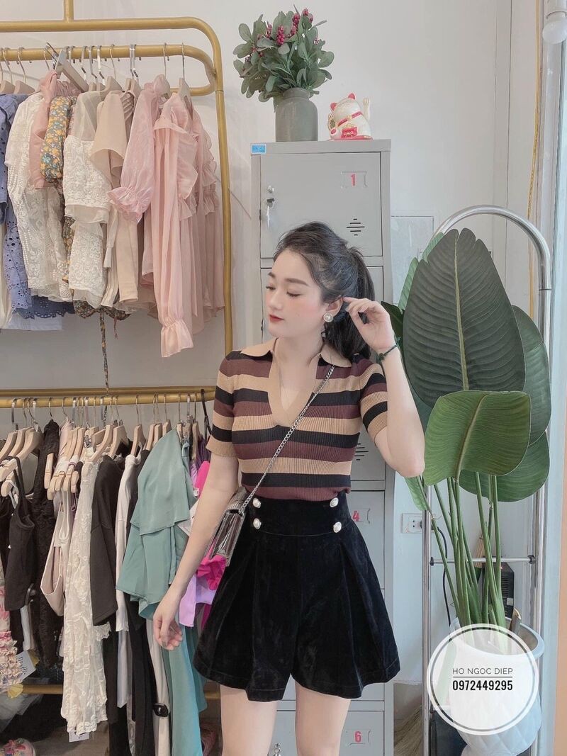 Áo kẻ quảng châu cổ bẻ hót trend