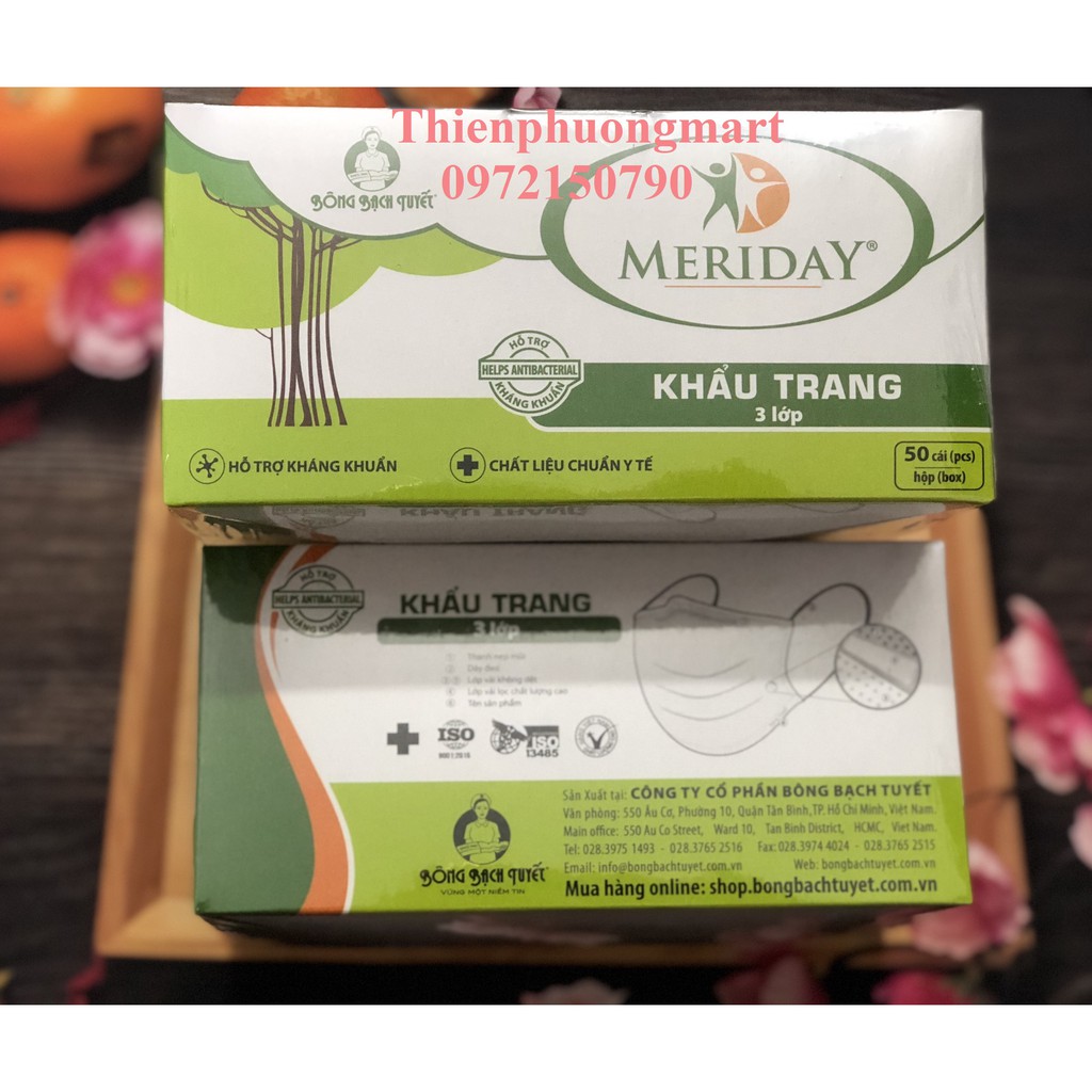 Khẩu trang y tế Meriday 3 lớp Màu Trắng 50 cái/ Hộp hỗ trợ Kháng Khuẩn - Chính hãng Bông Bạch Tuyết