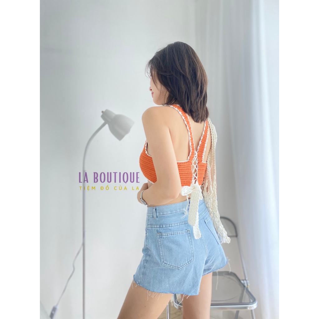 Áo Len Crochet Croptop 2 Dây Bản To Đan/Móc Handmade Hở Lưng Cột Dây La Boutique