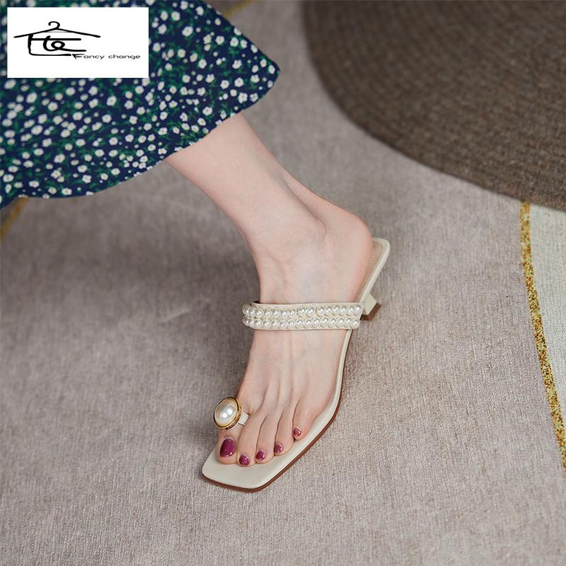 Sandal Mùa Hè 2022 Gót Vừa Quai Da Đính Hạt Ngọc Trai Phong Cách Pháp Cho Nữ