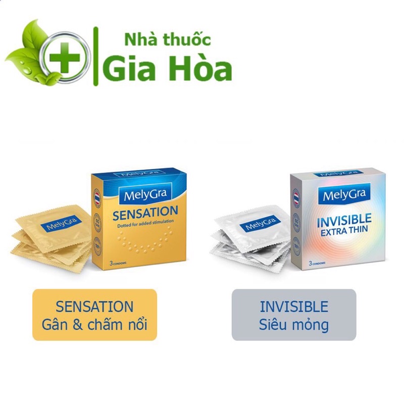 Bao cao su siêu mỏng, tăng cường khoái cảm Melygra Invisible Extra Thin / Sensation (BCS hộp 3 cái)