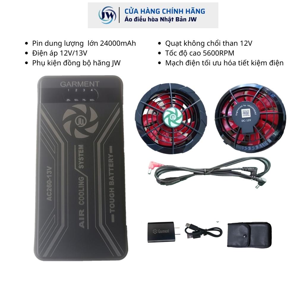 Áo điều hòa Nhật Bản JW kaki, pin quạt 12V, dung lượng cực khủng 24000mAh