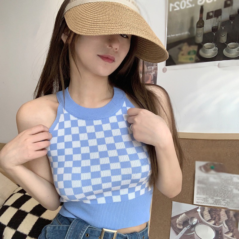 Áo croptop không tay họa tiết caro phong cách Hàn Quốc quyến rũ cho nữ