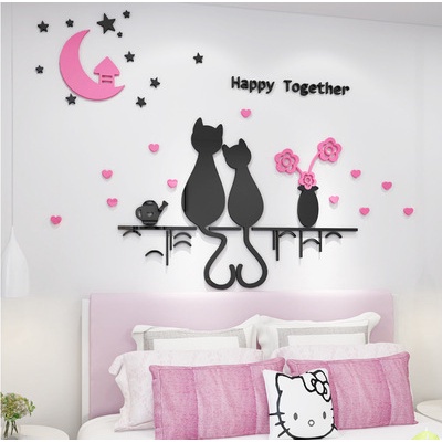 Tranh dán tường mica 3d decor khổ lớn - đôi mèo tình nhân Nhiều Size - EPeBen