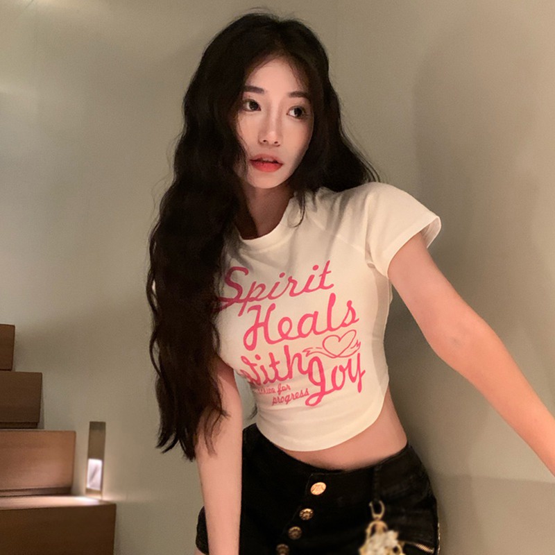Áo Thun Croptop Ngắn Tay Cổ Tròn Form Ôm In Chữ Phong Cách Hàn Quốc Cho Nữ