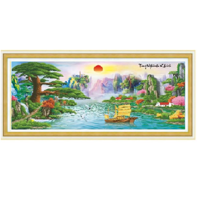 Tranh đính đá phong cảnh khổ lớn tùng nghênh khách 191x80cm