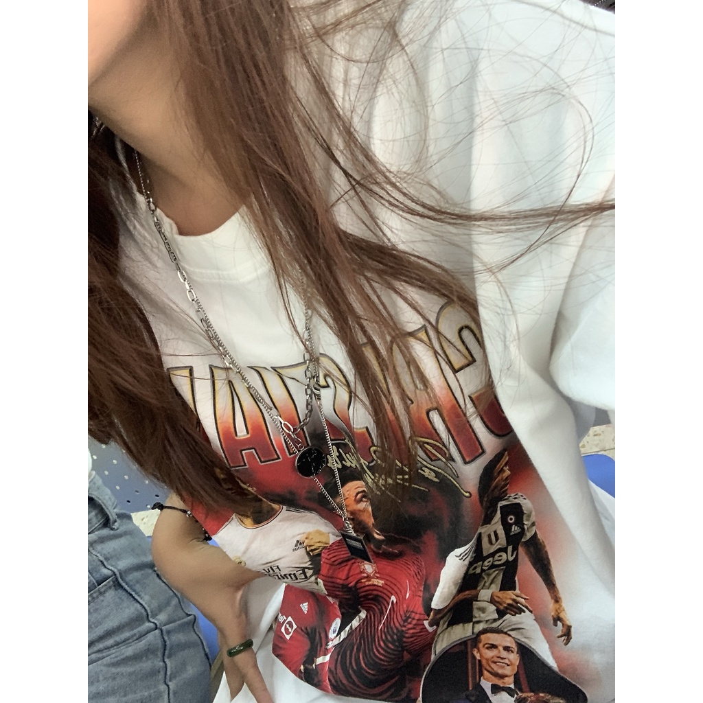 Áo Thun Vintage Ronaldo CR7 Tay Lỡ Unisex - Đen/Trắng Cổ Tròn | Blackwork