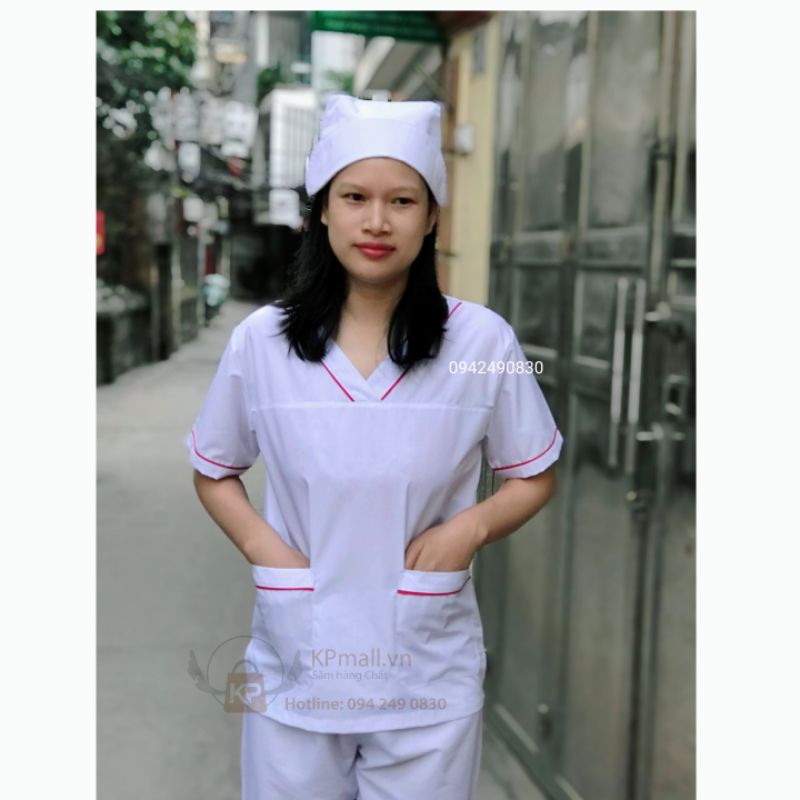 Bộ scrubs cổ tim trắng viền Đỏ - áo blouse trắng cổ chữ V viền đỏ cho bác sỹ, dược sỹ, điều dưỡng,...