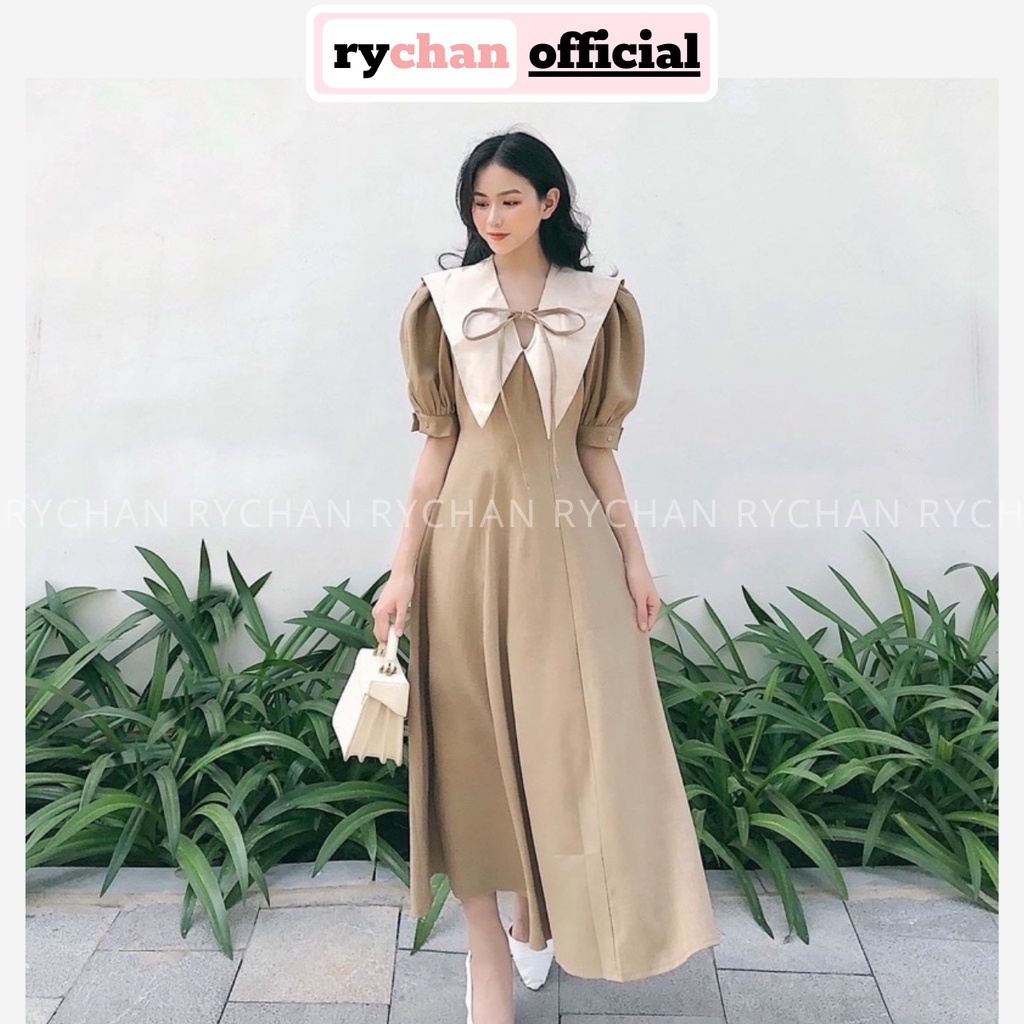 Đầm Váy Nữ Dự Tiệc Cưới Nơ Cổ Phối Trắng Form Dài Tay Bồng Ngắn Phong Cách Quý Cô Sang Chảnh 2 Màu Nude Nâu - DX9711