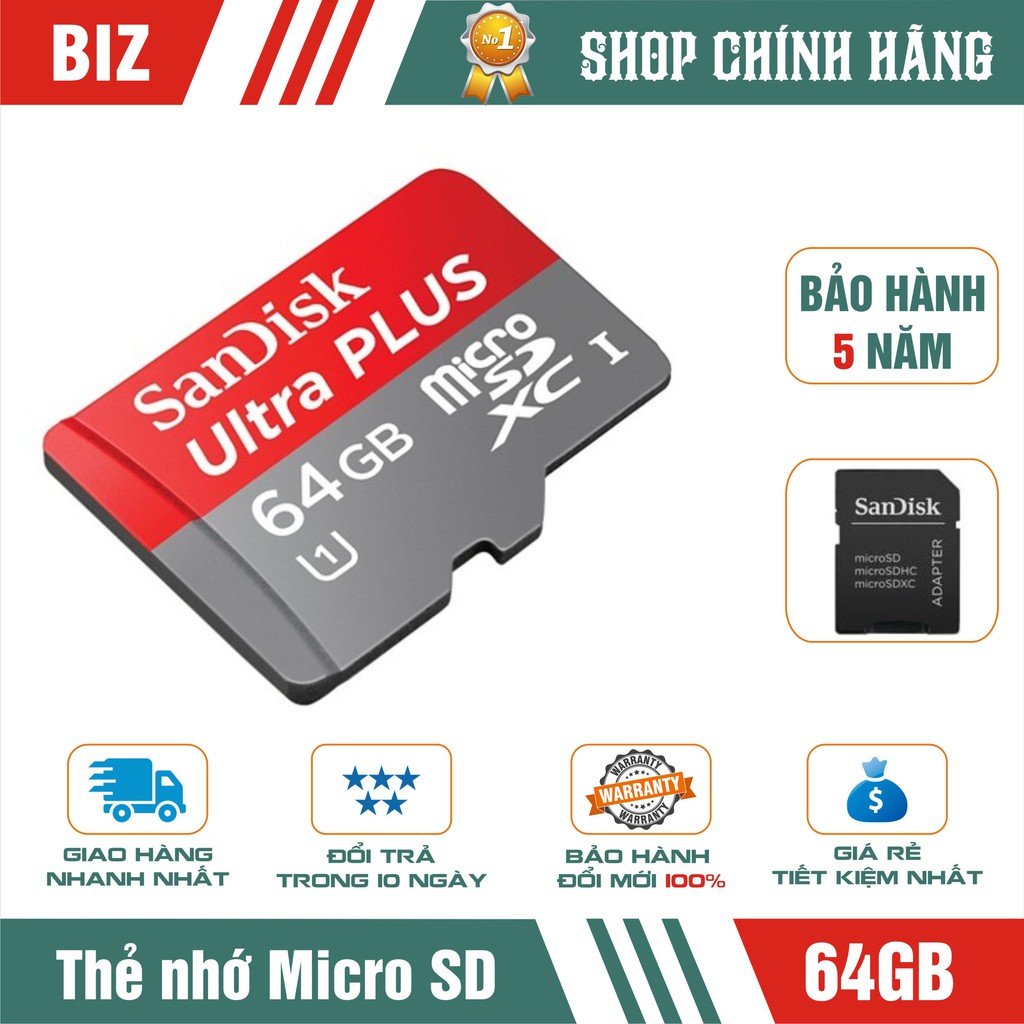 Thẻ Nhớ 64GB Sandisk MicroSD Ultra - Bảo hành 5 năm