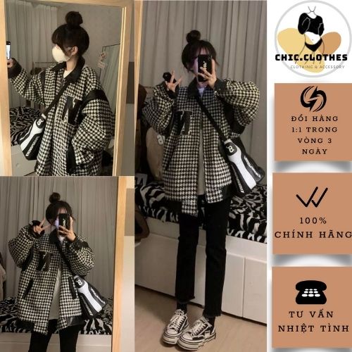 Áo Dạ Tweed Nữ Caro Thêu Chữ CHICCLOTHES ♥️ Khoác kẻ Hàn Quốc chất dạ hàng đẹp dày dặn cá tính sang chảnh