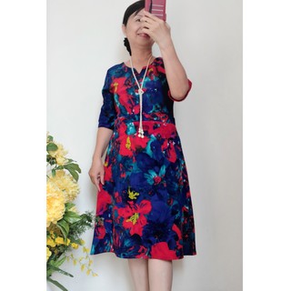 Size L : 50 - 56kg - Váy Đầm Trung Niên Dáng Xòe - Thun Gân Co Giãn - Có Túi - Dây Kéo