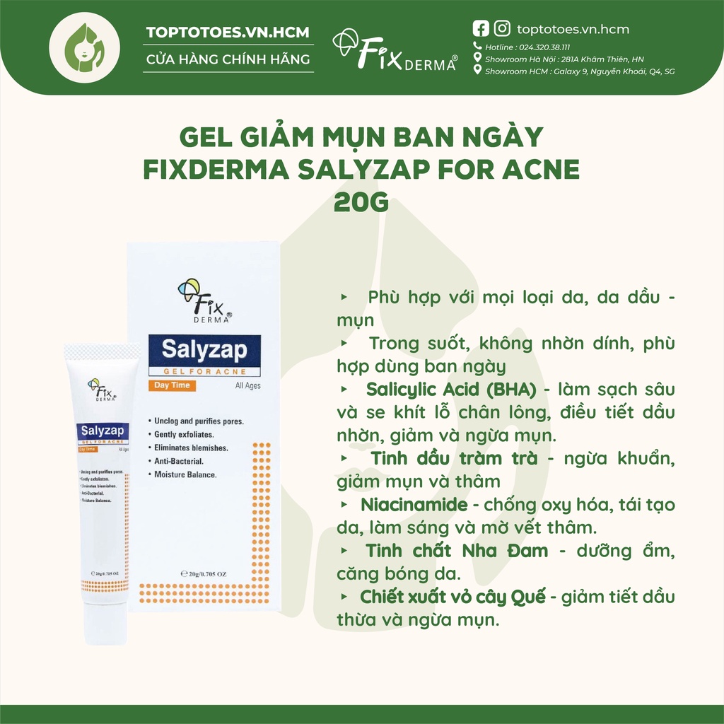 Gel giảm mụn ban ngày Fixderma Salyzap For Acne - 20g [NHẬP KHẨU CHÍNH HÃNG 100%]