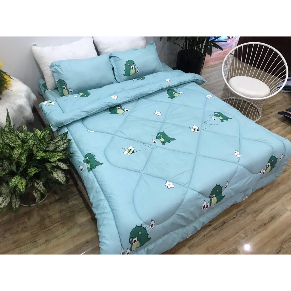 Bộ chăn phao ga gối poly cotton MẪU - khủng long bơ