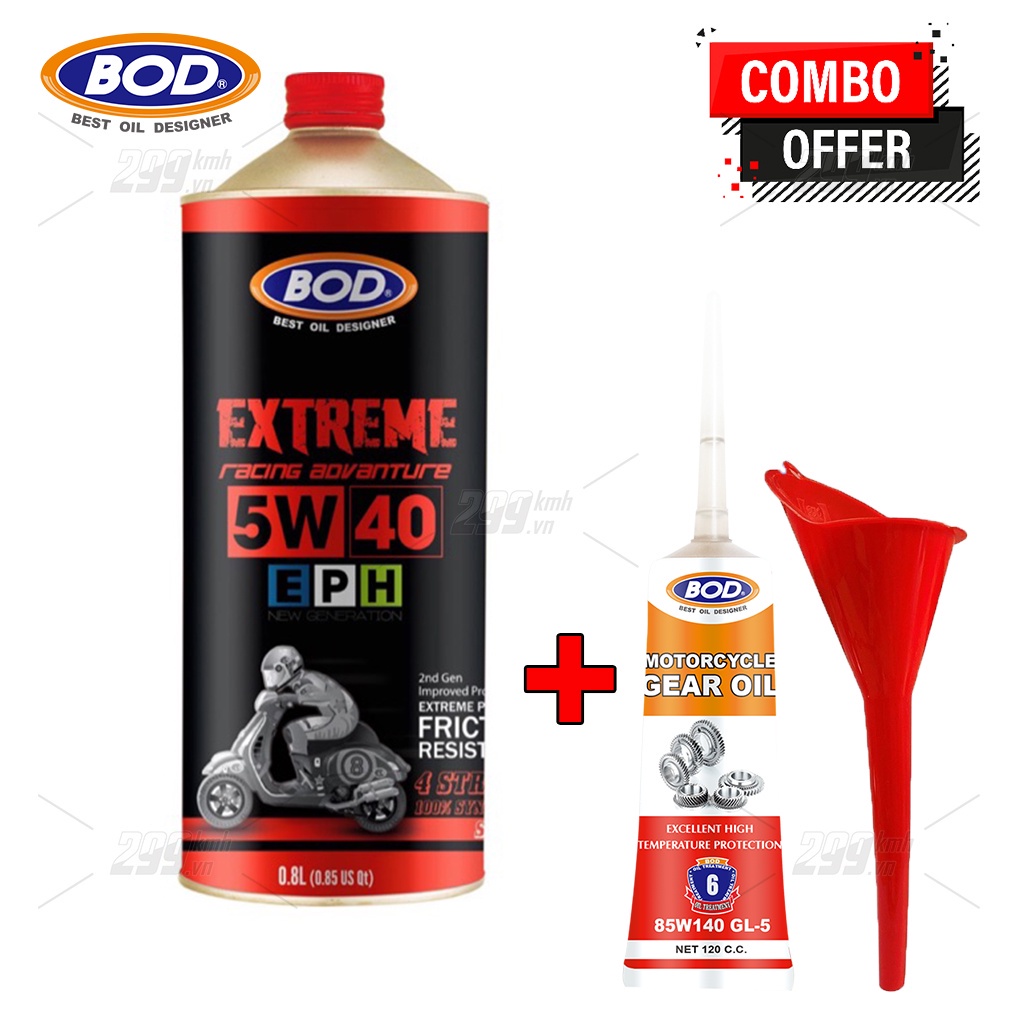 Combo Nhớt xe tay ga BOD Extreme Racing 5W40 MB 0.8L + Nhớt lap BOD Gear Oil 85W140 GL-5 120ml + Tặng phễu nhớt