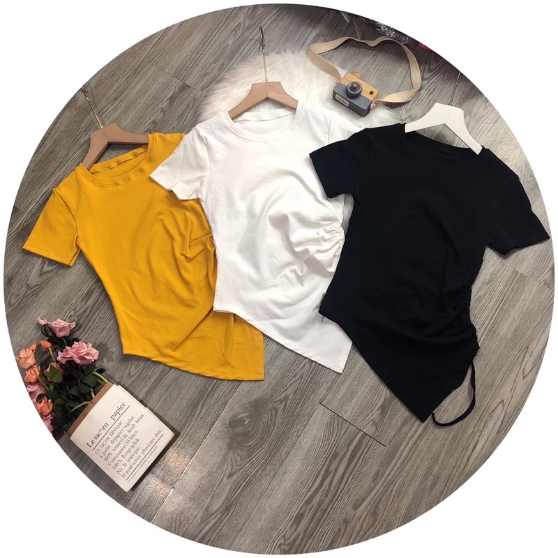 Áo thun body tay ngắn vạt bầu dây rút bên eo kèm hình thật