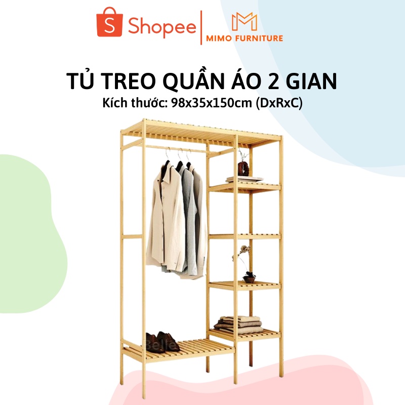 Kệ Treo Quần Áo 2 Gian, Tủ Đựng Đồ Đa Năng Chia Ngăn Lắp Ráp Tiện Lợi