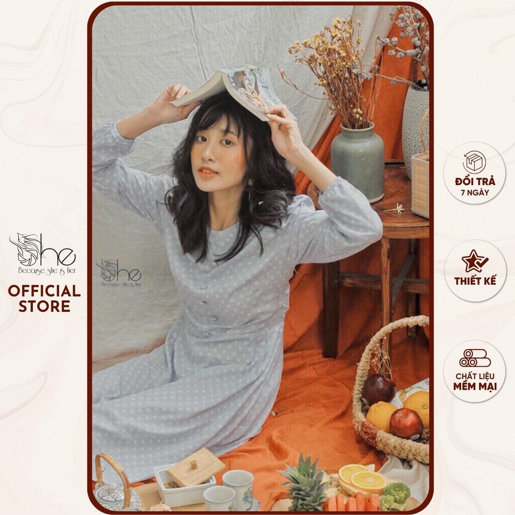 Đầm suông midi Vintage She, váy hoa nhí cute đi chơi SDX16